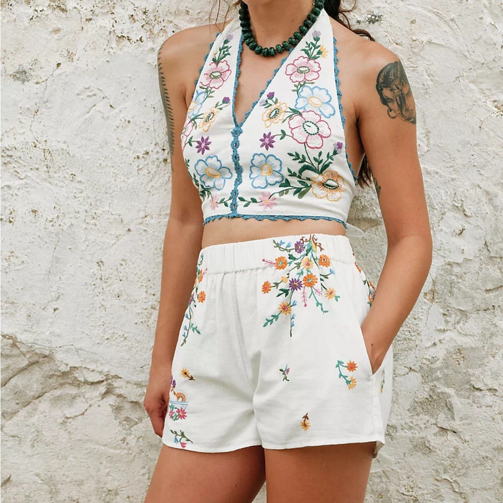 Free People White Embroidered Floral Halter Crop Top & Shorts Set
